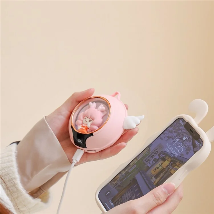 N1 Cartoon Angel Hand Warmer 2 Levels Temperature Adjustable Portable 6020mAh Power Bank with Night Light - Pink