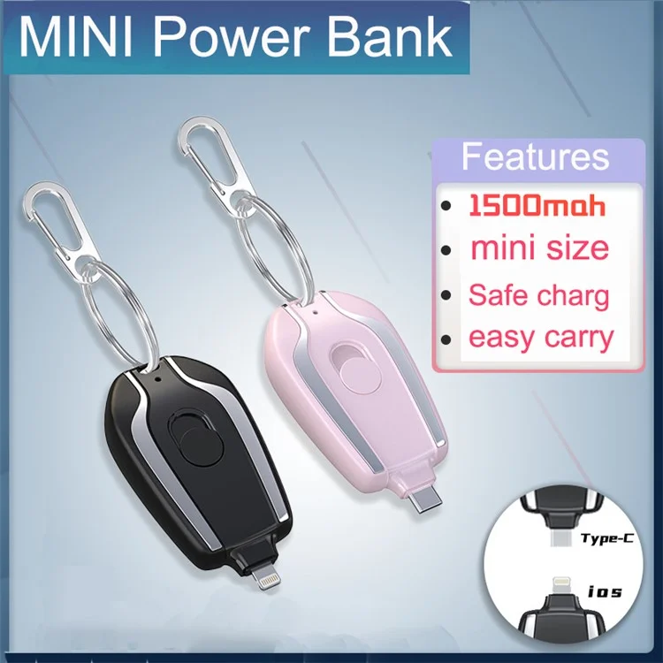 TS-822 Mini Size Keychain 1200mAh Phone Charger Portable Emergency Cellphone Charger Battery Pack Easy Charging Backup Power Bank - Pink / Lightning