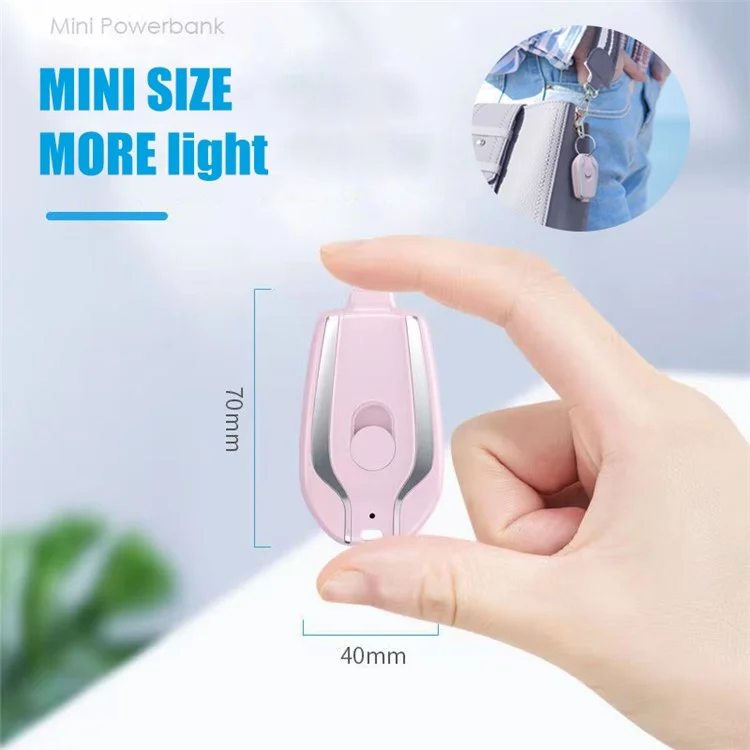 TS-822 Mini Size Keychain 1200mAh Phone Charger Portable Emergency Cellphone Charger Battery Pack Easy Charging Backup Power Bank - Pink / Lightning