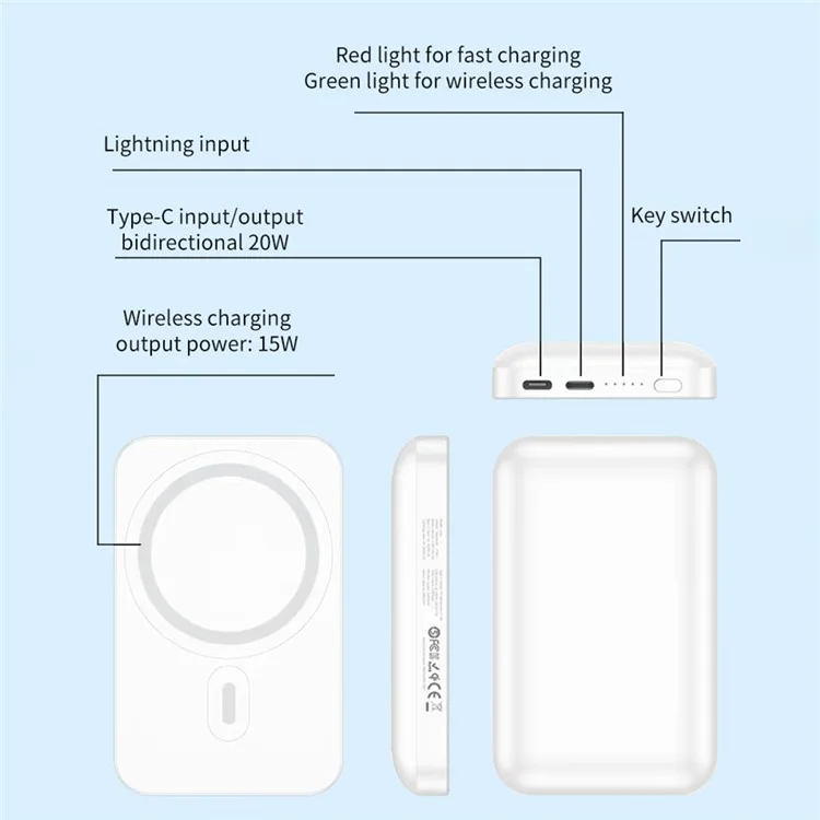Q51 5000mAh Power Bank 15W Magnetic Wireless+Type-C Wired Charging Phone Tablet Charger External Battery Pack - White