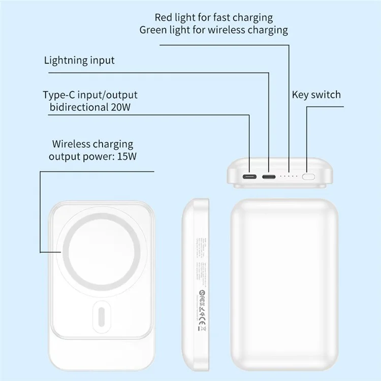 Q101 10000mAh Banque D'alimentation 15W Chargeur Sans Fil Magnétique Pack de Batterie Externe Pour Iphone Samsung Huawei et Plus - Blanche
