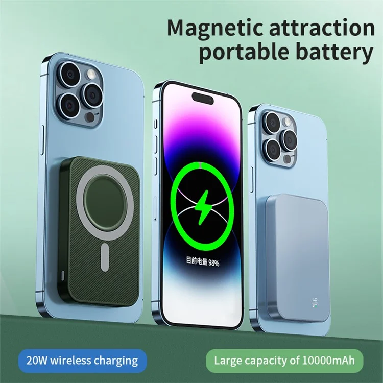 W10 10000mAh Magnetic Power Bank 15W Cargo Rápido de Carga Rápida PD 22.5W Paqueta Externa Portable - Verde