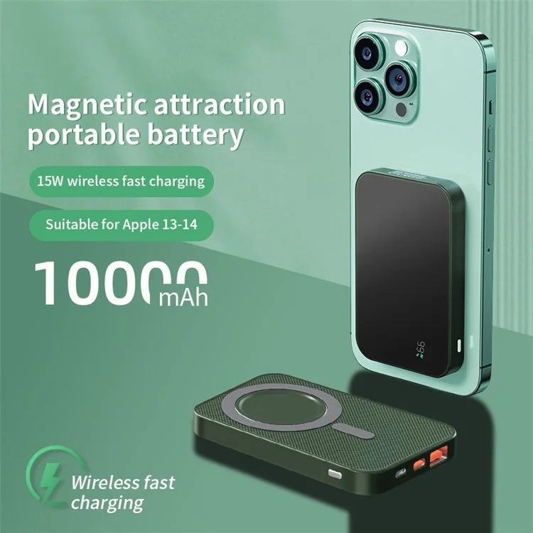 W10 10000mAh Magnetic Power Bank 15W Cargo Rápido de Carga Rápida PD 22.5W Paqueta Externa Portable - Verde