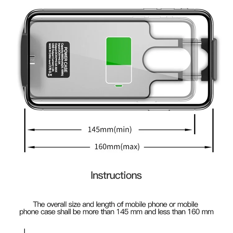 X8 6800mAh Telefone Carregador de Volta Bateria Micro USB Banco de Energia Retrátil Portátil Para o Telefone 145-160mm - Preto