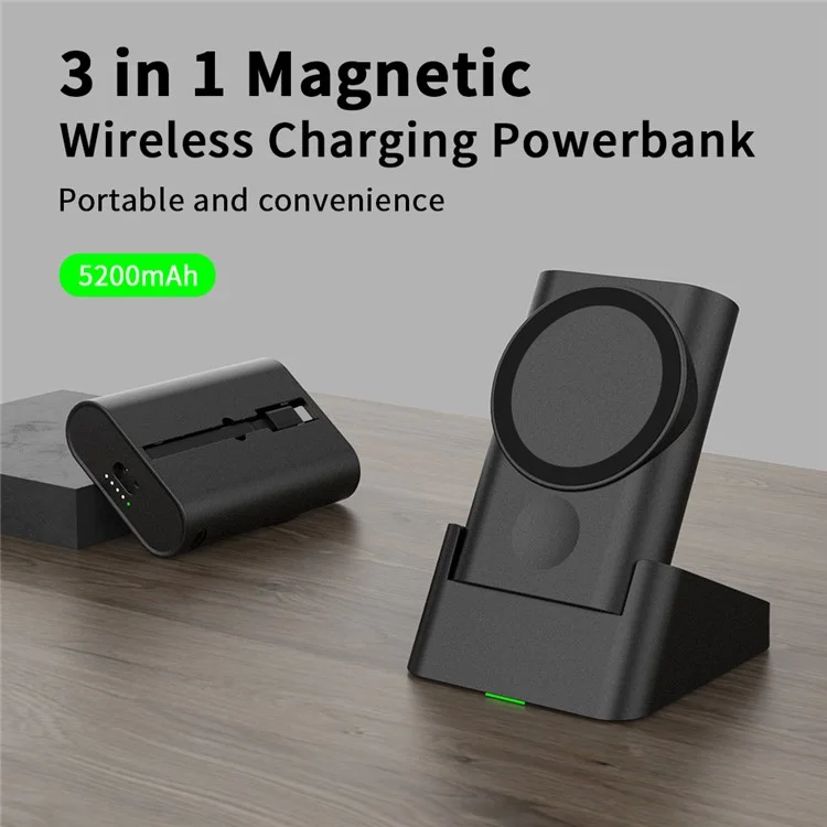 D6 Multifunction 5200mAh Magnetic Wireless Charger 5V 2A Power Bank Portable Watch Earphone Charger with Built-in Type-C Cable for iPhone AirPods iWatch