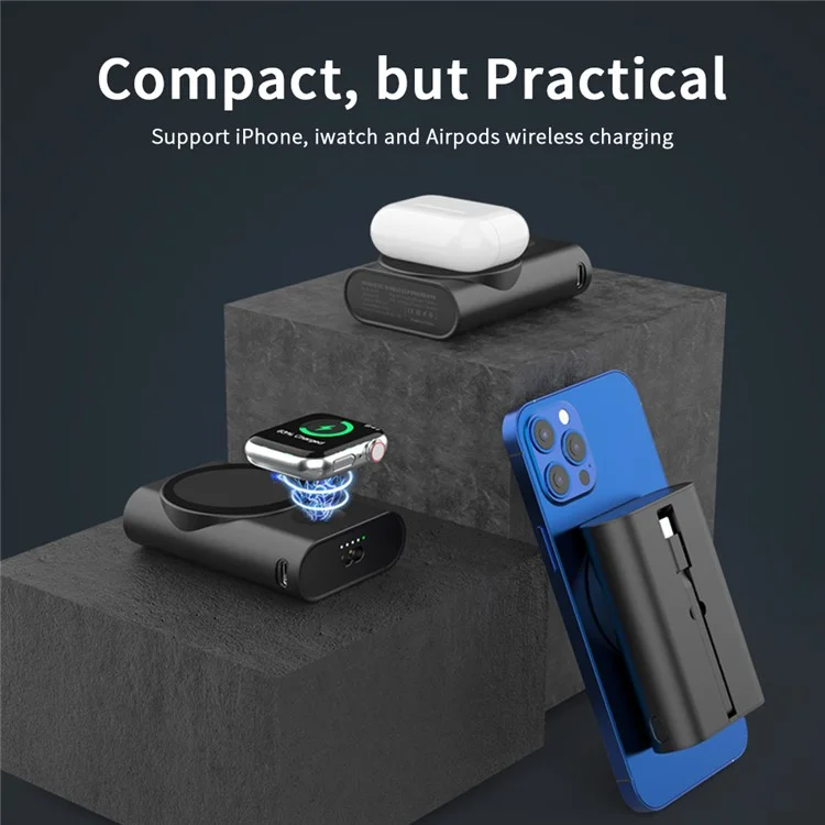 D6 Multifonction 5200mAh Charger Sans Fil Magnétique 5V 2A Banque D'alimentation Portificative Chargeur D'écouteur Avec Câble Type-C Intégré Pour Iphone AirPods Iwatch