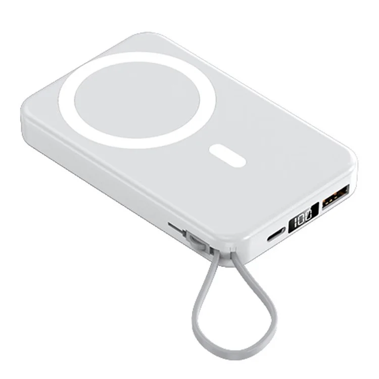 JJT-A51 10000mAh Power Bank Built-in Lightning / Type-C Cable 15W Magnetic Wireless Charging Battery Pack - White