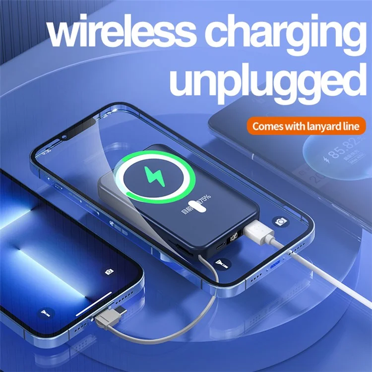 JJT-A51 10000mAh Power Bank Built-in Lightning / Type-C Cable 15W Magnetic Wireless Charging Battery Pack - White