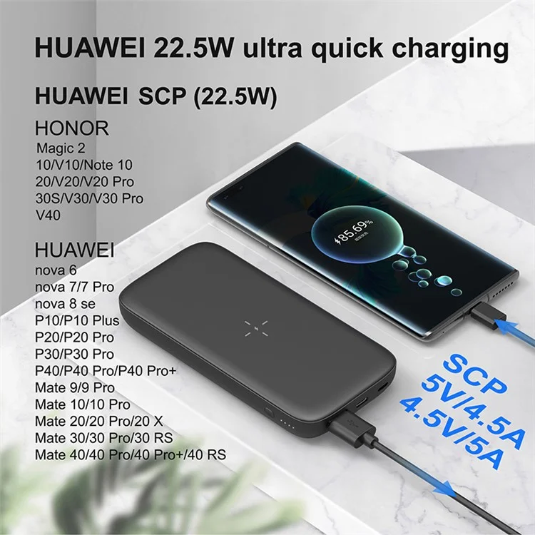C1016W 15W Wireless Charger 10000mAh Power Bank PD 20W / QC 22.5W Portable Charger Cell Phone External Battery Pack with Indicator Lights - Black