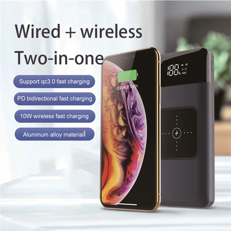 Banque d'alimentation portable en métal de 10 000 mAh avec charge rapide QC3.0 + PD, chargeur de batterie externe pour téléphone avec affichage numérique, chargeur sans fil - Rouge