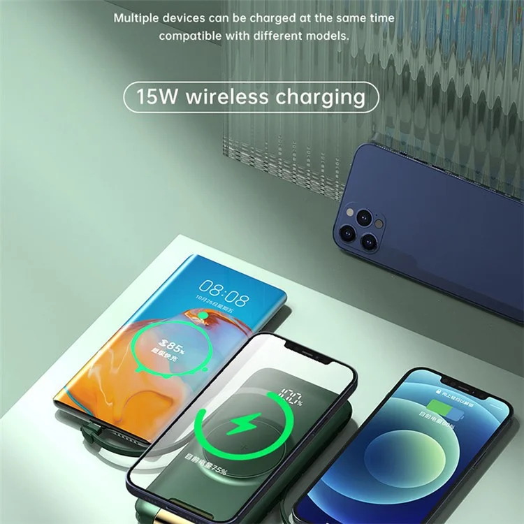 P2 10000mAh PD 20W Fast Charging Power Bank Digital Display Wireless Charging Phone Battery Pack with Built-in Type-C / Lightning Cable - White