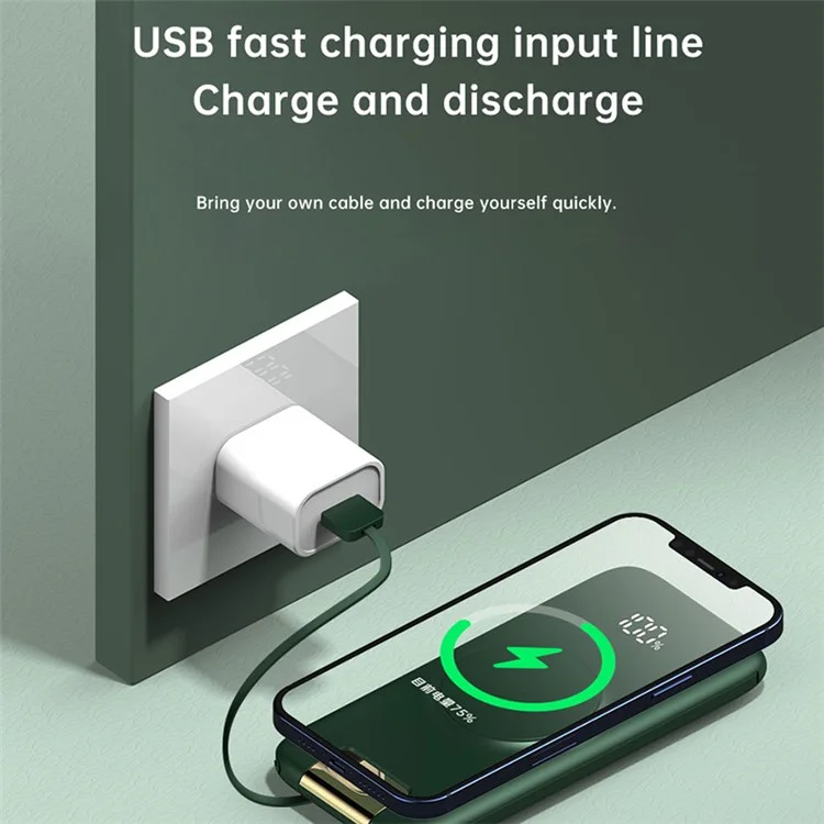 P2 10000mAh PD 20W Fast Charging Power Bank Digital Display Wireless Charging Phone Battery Pack with Built-in Type-C / Lightning Cable - White