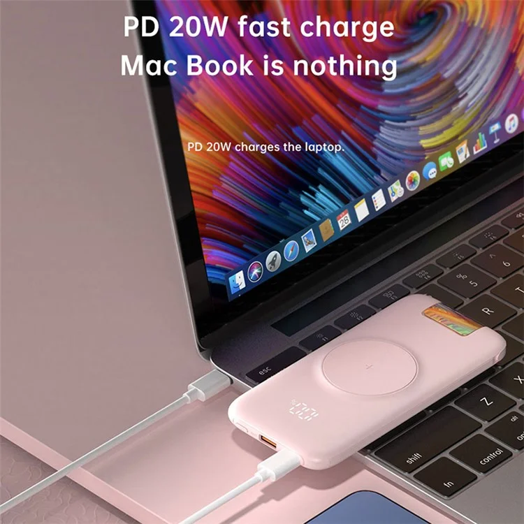 P2 10000mAh PD 20W Fast Charging Power Bank Digital Display Wireless Charging Phone Battery Pack with Built-in Type-C / Lightning Cable - White