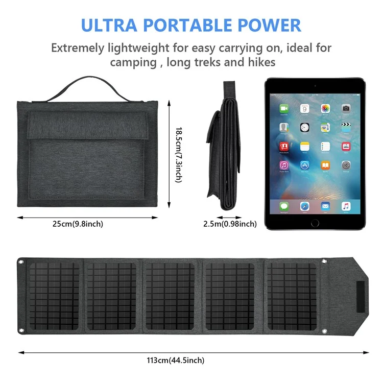 Pannello Solare Portatile Pieghevole da 30W con Doppia USB, Pannello Solare a 5 Pieghe per Ricarica Telefono Cellulare, Campeggio, Trekking