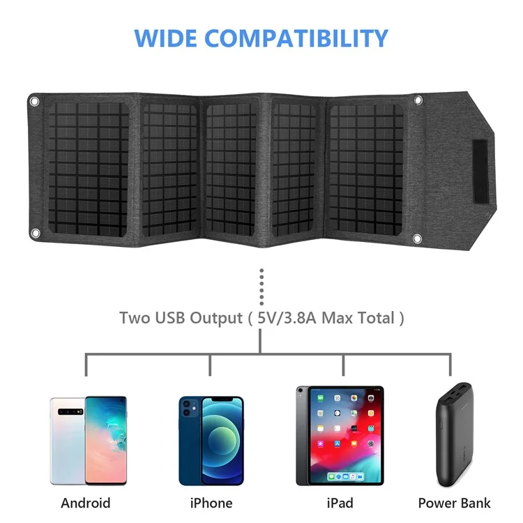 Pannello Solare Portatile Pieghevole da 30W con Doppia USB, Pannello Solare a 5 Pieghe per Ricarica Telefono Cellulare, Campeggio, Trekking