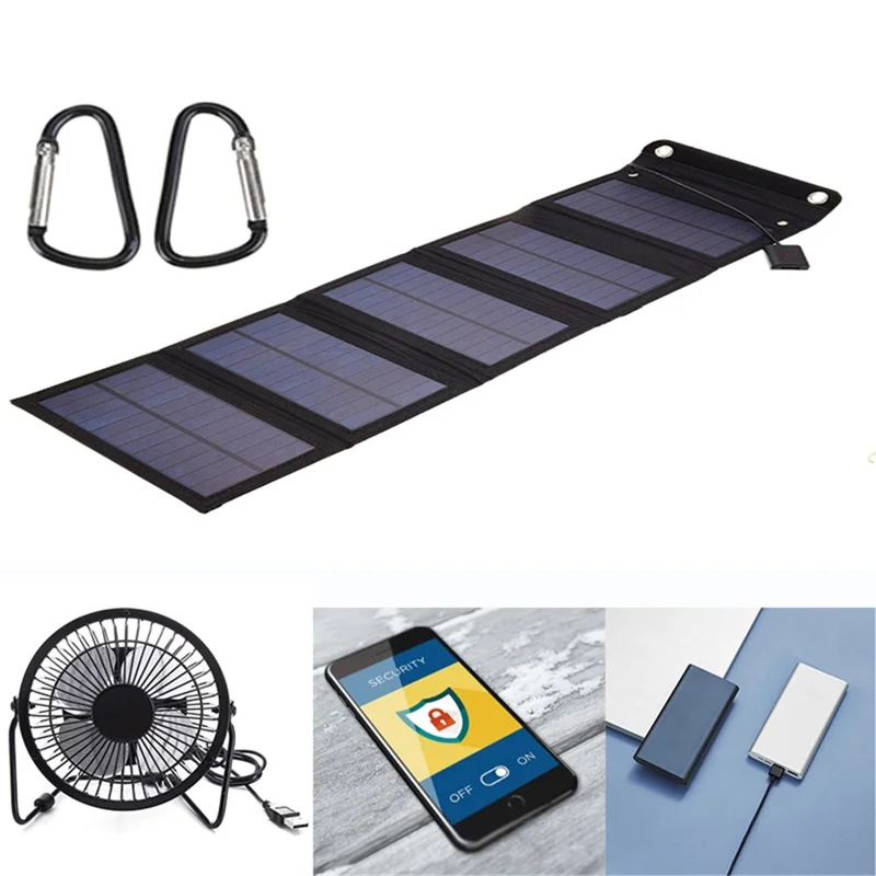15W Portable Outdoor Solar Charger 5 Folding Solar Panels USB Phone Charging Power Bank - Black