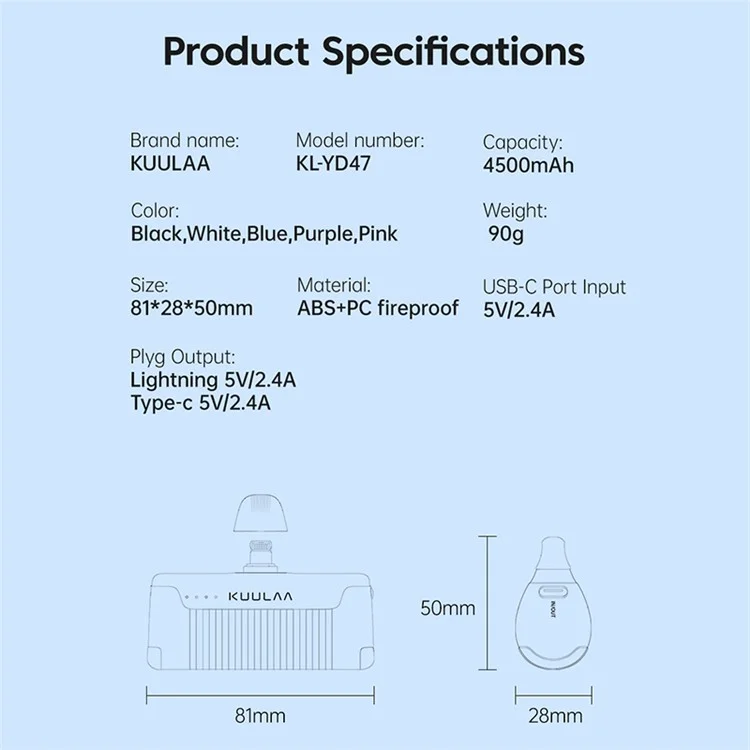 KUULAA KL-YD47 4500mAh Pocket Power Bank Emergency Phone Charger External Battery with Lightning Port - Purple