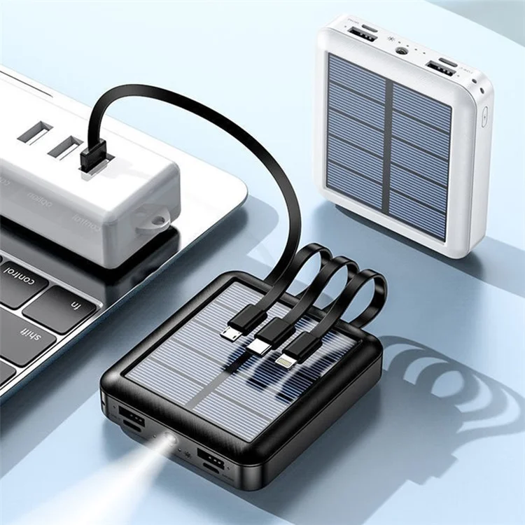 YM-384 6000mAh Portable Flashlight Phone Charger Solar Power Bank External Battery Pack with Cable - White