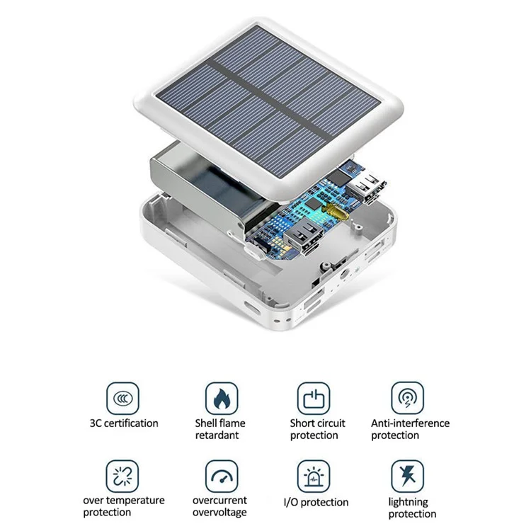 YM-384 6000mAh Portable Flashlight Phone Charger Solar Power Bank External Battery Pack with Cable - White