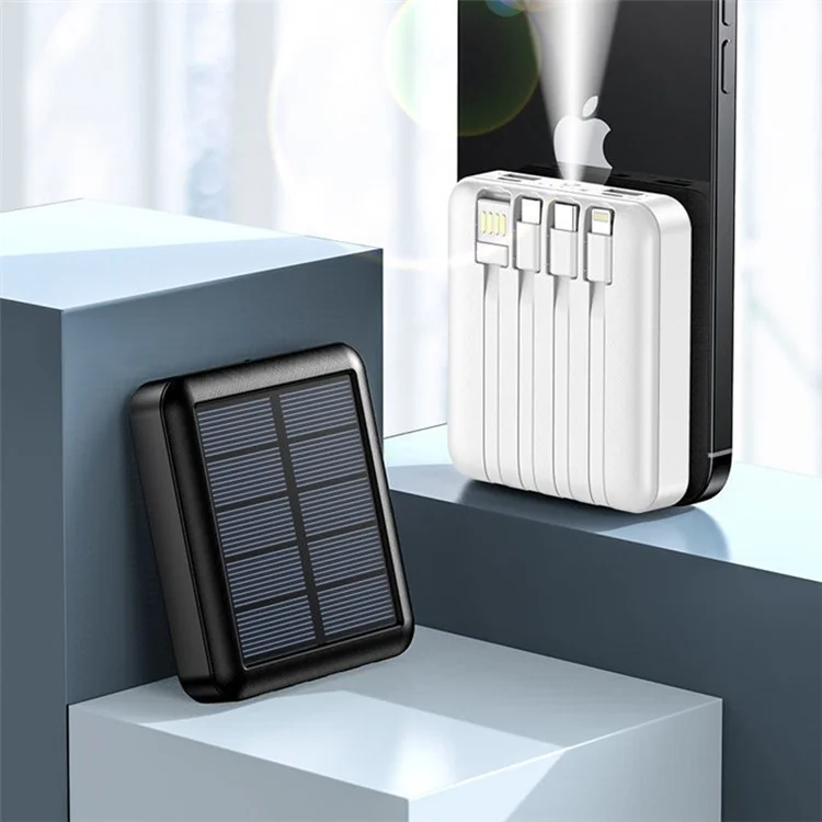 YM-384 6000mAh Portable Flashlight Phone Charger Solar Power Bank External Battery Pack with Cable - White