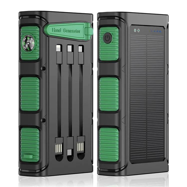30000mAh Solar Power Bank with Camping Flashlights Fast Charging Hand Crank Generator Portable Charger - Green / Black