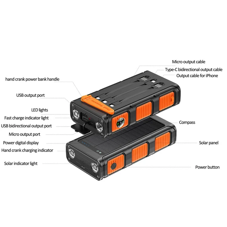 30000mAh Solar Power Bank with Camping Flashlights Fast Charging Hand Crank Generator Portable Charger - All Black