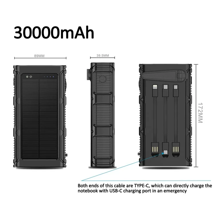 30000mAh Solar Power Bank with Camping Flashlights Fast Charging Hand Crank Generator Portable Charger - All Black