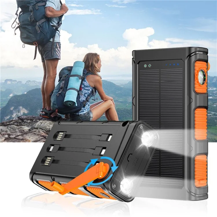 30000mAh Solar Power Bank with Camping Flashlights Fast Charging Hand Crank Generator Portable Charger - All Black
