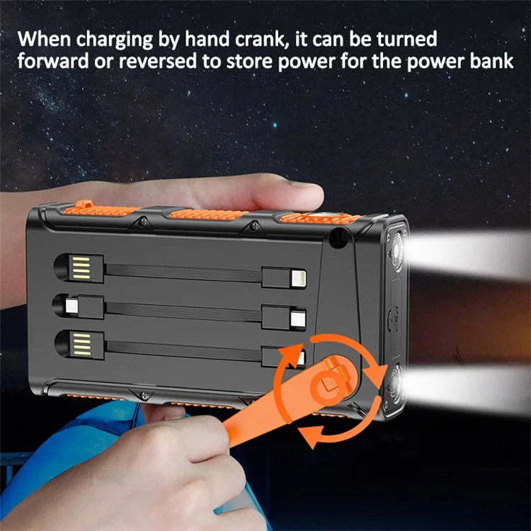 30000mAh Solar Power Bank with Camping Flashlights Fast Charging Hand Crank Generator Portable Charger - All Black