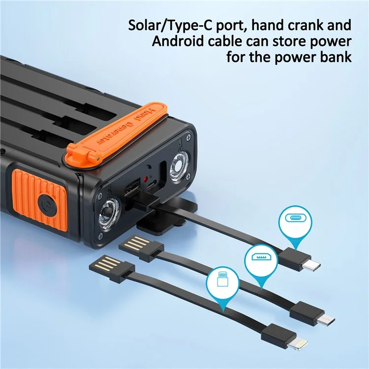 30000mAh Solar Power Bank with Camping Flashlights Fast Charging Hand Crank Generator Portable Charger - All Black