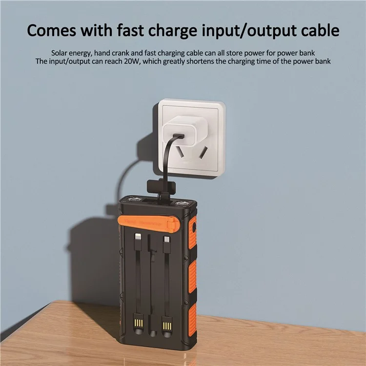 30000mAh Solar Power Bank with Camping Flashlights Fast Charging Hand Crank Generator Portable Charger - All Black