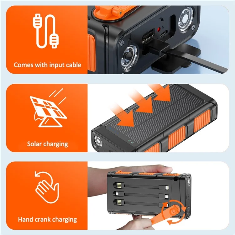 30000mAh Solar Power Bank with Camping Flashlights Fast Charging Hand Crank Generator Portable Charger - All Black
