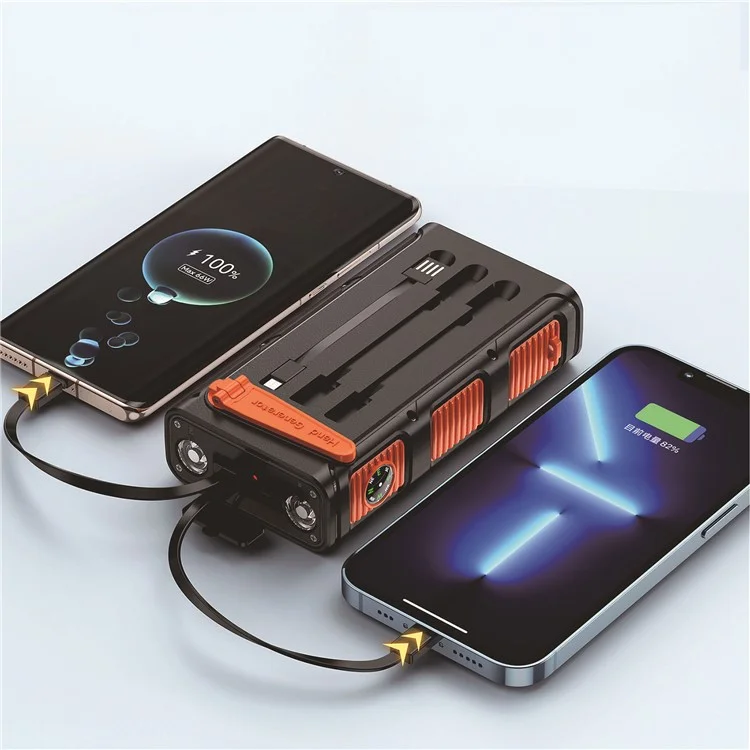 30000mAh Solar Power Bank with Camping Flashlights Fast Charging Hand Crank Generator Portable Charger - All Black