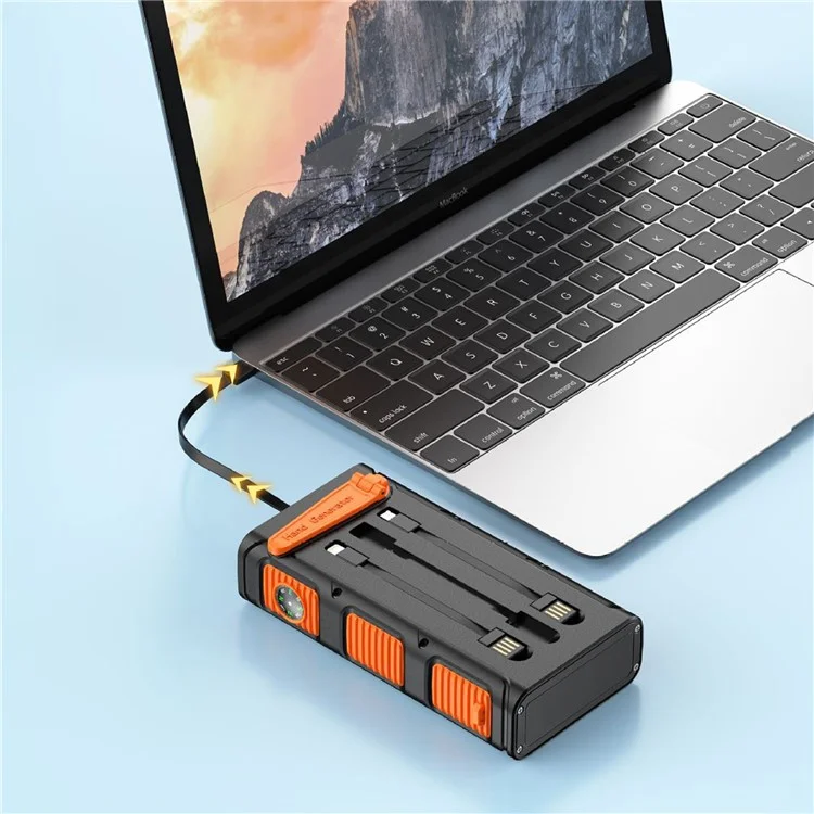 30000mAh Solar Power Bank with Camping Flashlights Fast Charging Hand Crank Generator Portable Charger - All Black