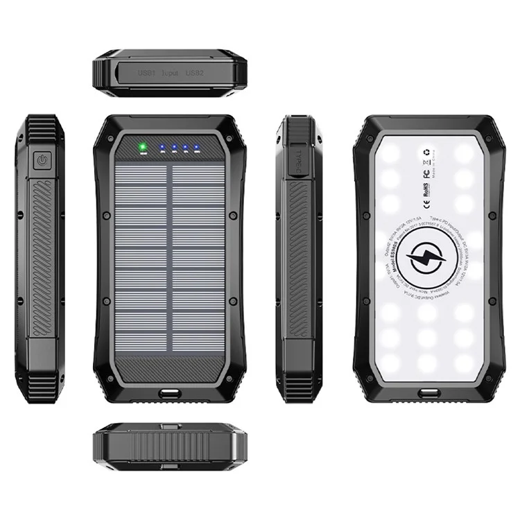 Bateria Externa Solar ES980S de 20000mAh, Carregador Portátil de Telefone de 18W - Preto
