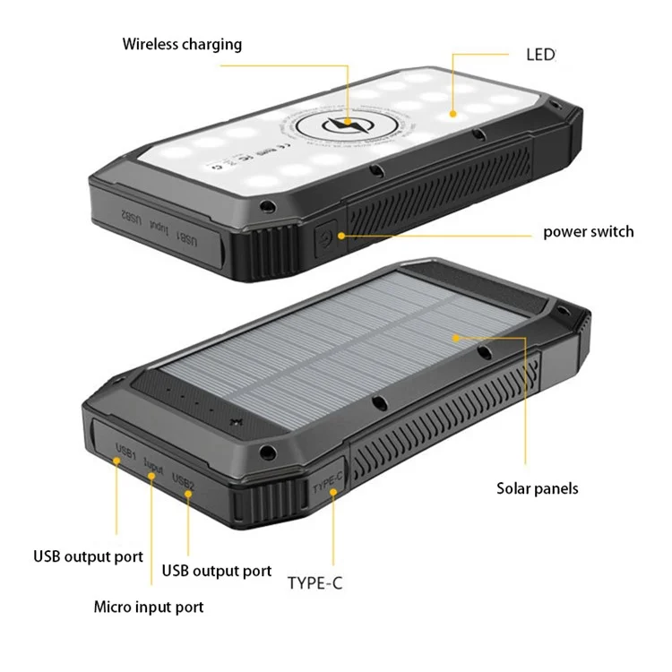 Bateria Externa Solar ES980S de 20000mAh, Carregador Portátil de Telefone de 18W - Preto