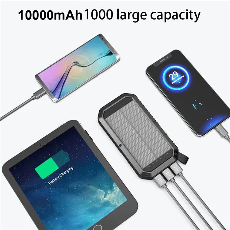ES981S 10000mAh Banco de Alimentación Portátil con Carga Solar Inalámbrica y Linterna de Camping