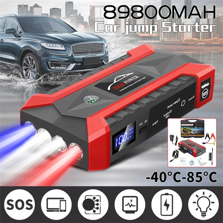 Arrancador de Carro ABS 12V 89800mAh Starter de Emergência do Carro 4 Oferecem Alimentação USB com Luz para Veículos a Gasolina / Diesel - Tomada EUA