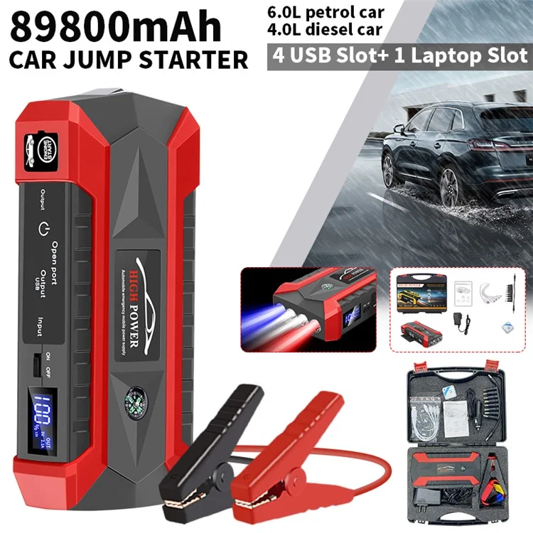 Arrancador de Carro ABS 12V 89800mAh Starter de Emergência do Carro 4 Oferecem Alimentação USB com Luz para Veículos a Gasolina / Diesel - Tomada EUA