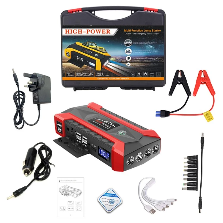 Avviatore di emergenza per auto ABS 12V 89800mAh, alimentatore di emergenza per auto con 4 porte USB e luce per veicoli a benzina/diesel - Spina EU
