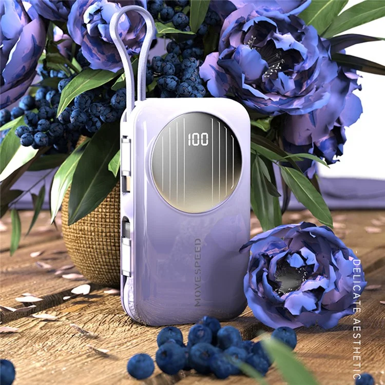 MOVESPEED Q10 Line Phone Charger 10000mAh 22.5W USB C Fast Charging PD 20W Power Bank Metal+Plastic Battery Pack Built-in Cables - Purple
