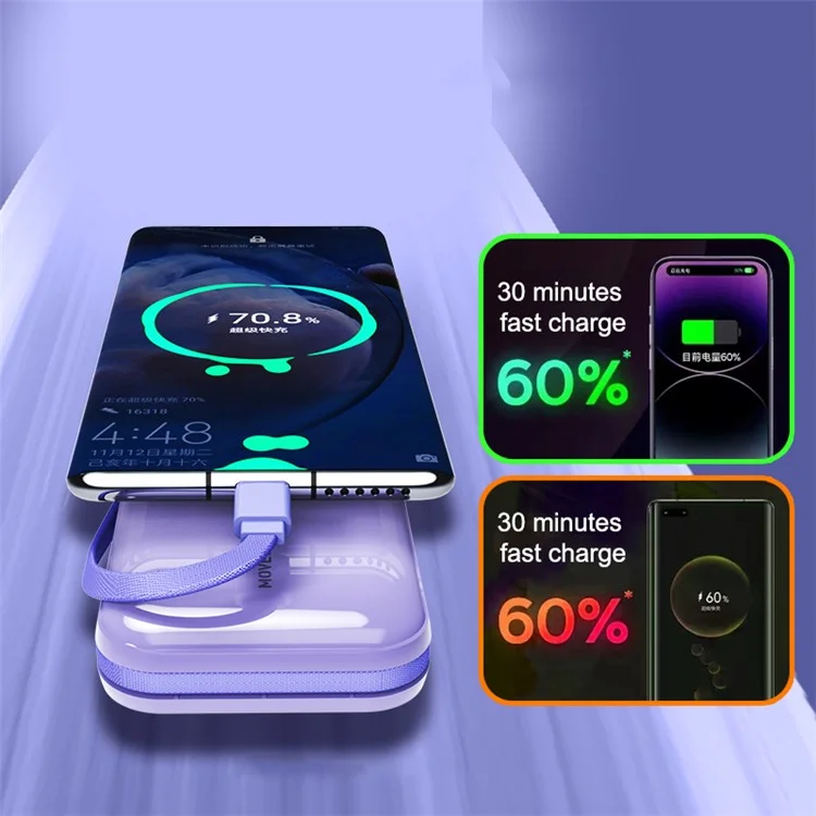 MOVESPEED Q10 Line Phone Charger 10000mAh 22.5W USB C Fast Charging PD 20W Power Bank Metal+Plastic Battery Pack Built-in Cables - Purple