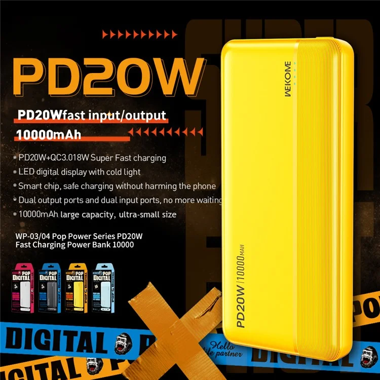 WEKOME WP-03 PD 20W Fast Charging Power Bank 10000mAh Portable Phone Charger - Yellow