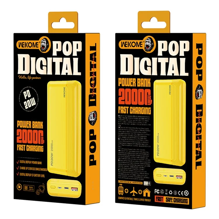 Wekome WP-04 PD 20W 20000mAh Power Bank Charging de Telefone Portátil de Carregamento Rápido - Amarelo