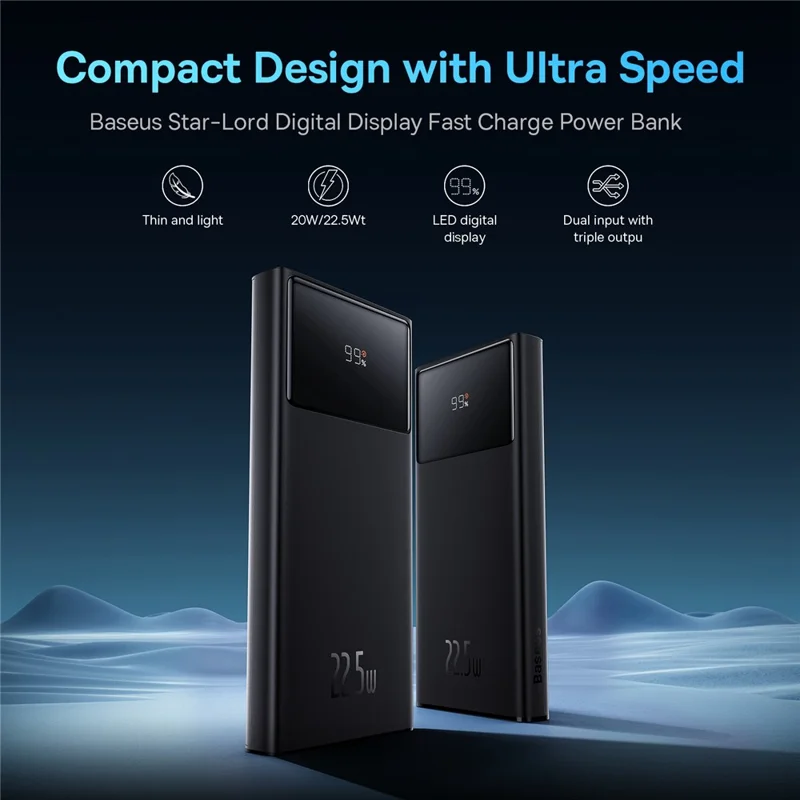 BASEUS Digital Display Fast Charging Power Bank 10000mAh 22.5W Portable Phone Charger External Battery Pack - Black