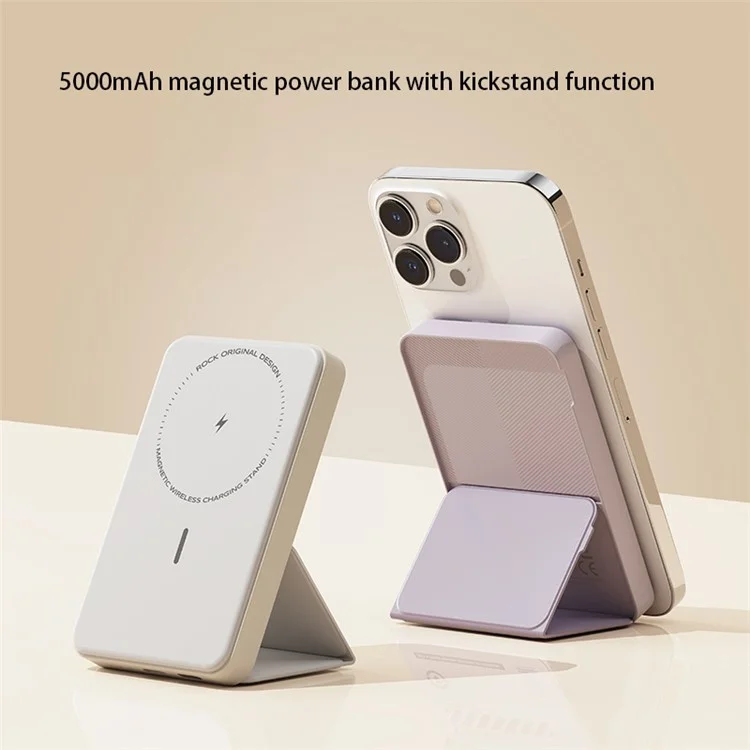 Rock P83 Magnetic Power Bank 5000mAh Chargeur de Téléphone Sans Fil Batterie Externe Avec Kickstand - Blanc