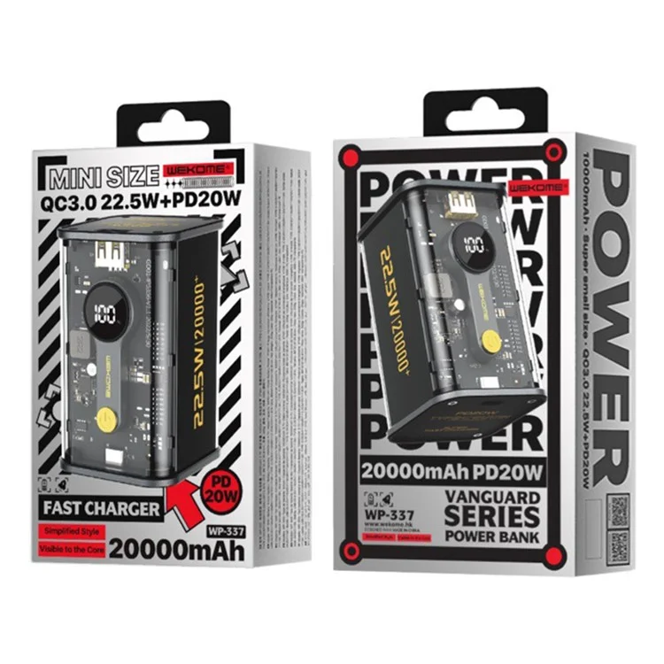 WEKOME WP-337 Vanguard Series 20000mAh 22.5W Cargador Rápido Batería Externa para Teléfono - Negro