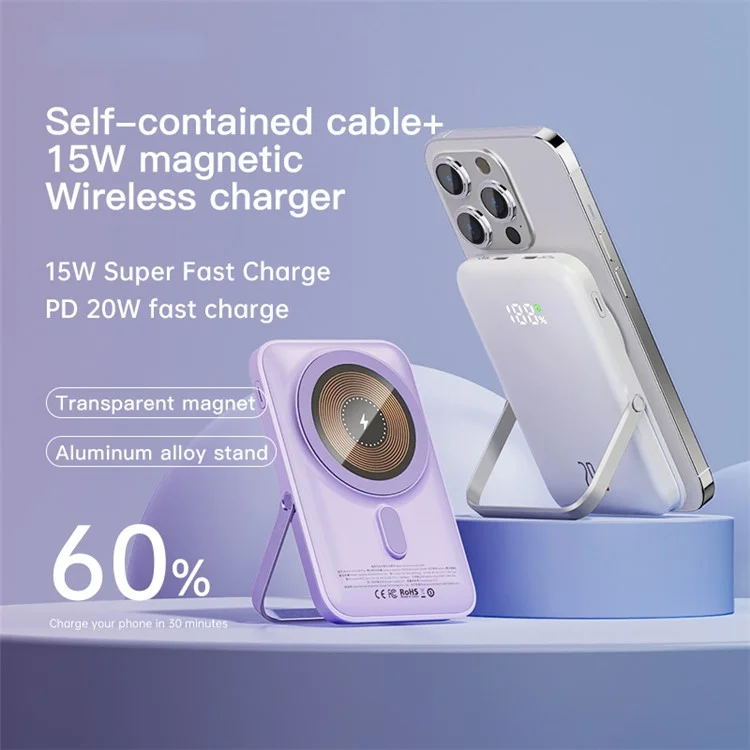 Q15 Kabelloser tragbarer Ladegerät 10000mAh Magnetisches Powerbank 20W Schnelles Laden Batterie Pack mit Faltbarem Ständer - Lila