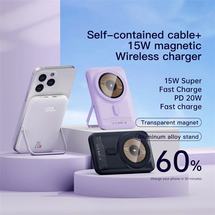 Q15 Kabelloser tragbarer Ladegerät 10000mAh Magnetisches Powerbank 20W Schnelles Laden Batterie Pack mit Faltbarem Ständer - Lila