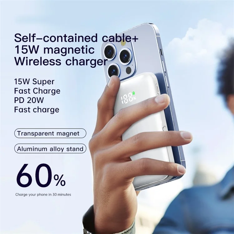Q15 Kabelloser tragbarer Ladegerät 10000mAh Magnetisches Powerbank 20W Schnelles Laden Batterie Pack mit Faltbarem Ständer - Lila